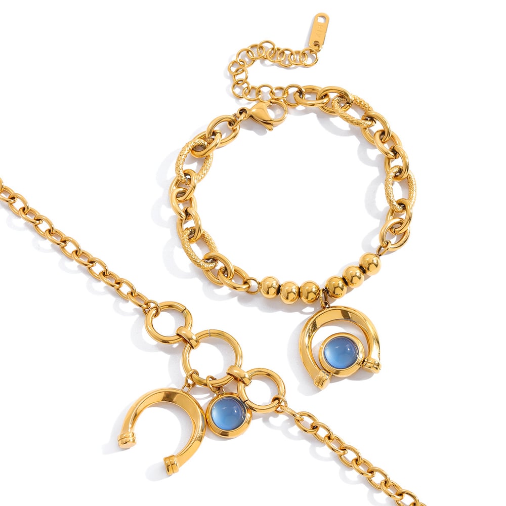 1 pulsera de lujo con dijes de resina azul circular de acero inoxidable color dorado para mujer h5Imagen7