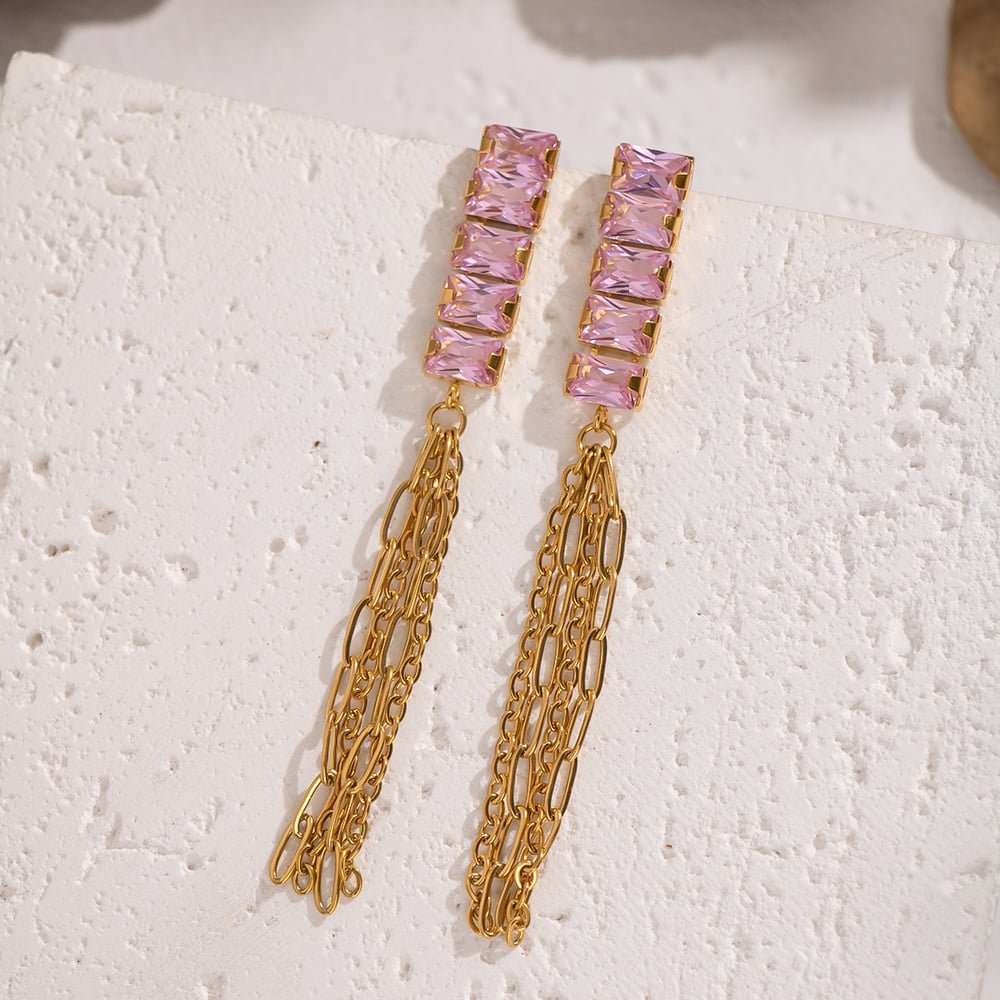 1 paio di orecchini pendenti di lusso con nappe in acciaio inossidabile color oro e zirconi Immagine3