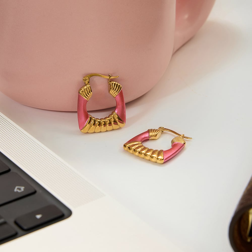 1 Pair Radiant Pink Rectangle Stainless Steel Gold Color Women's Hoop Earrings h5Picture5