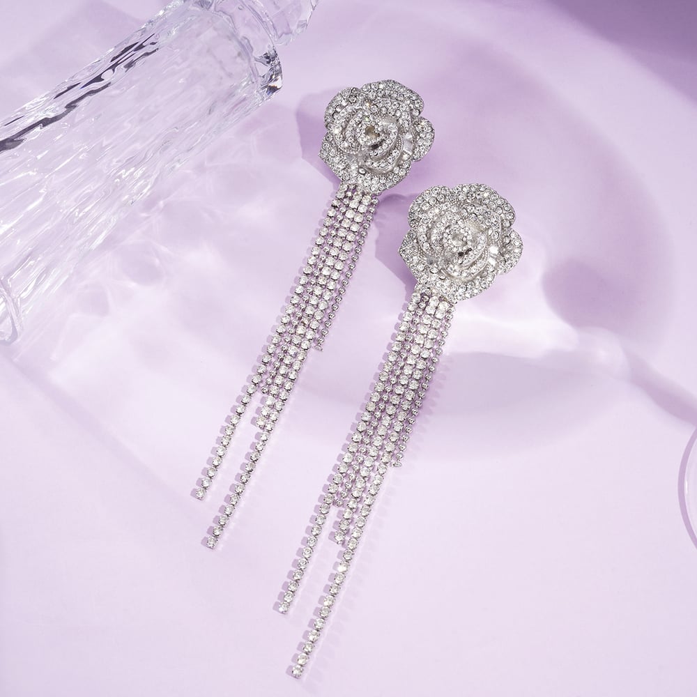 1 Pair Festive Series Rose Tassel Alloy Dangle Earrings Picture4