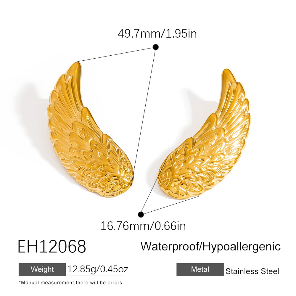 1 Pair Punk Wings Stainless Steel Gold Color Stud Earrings