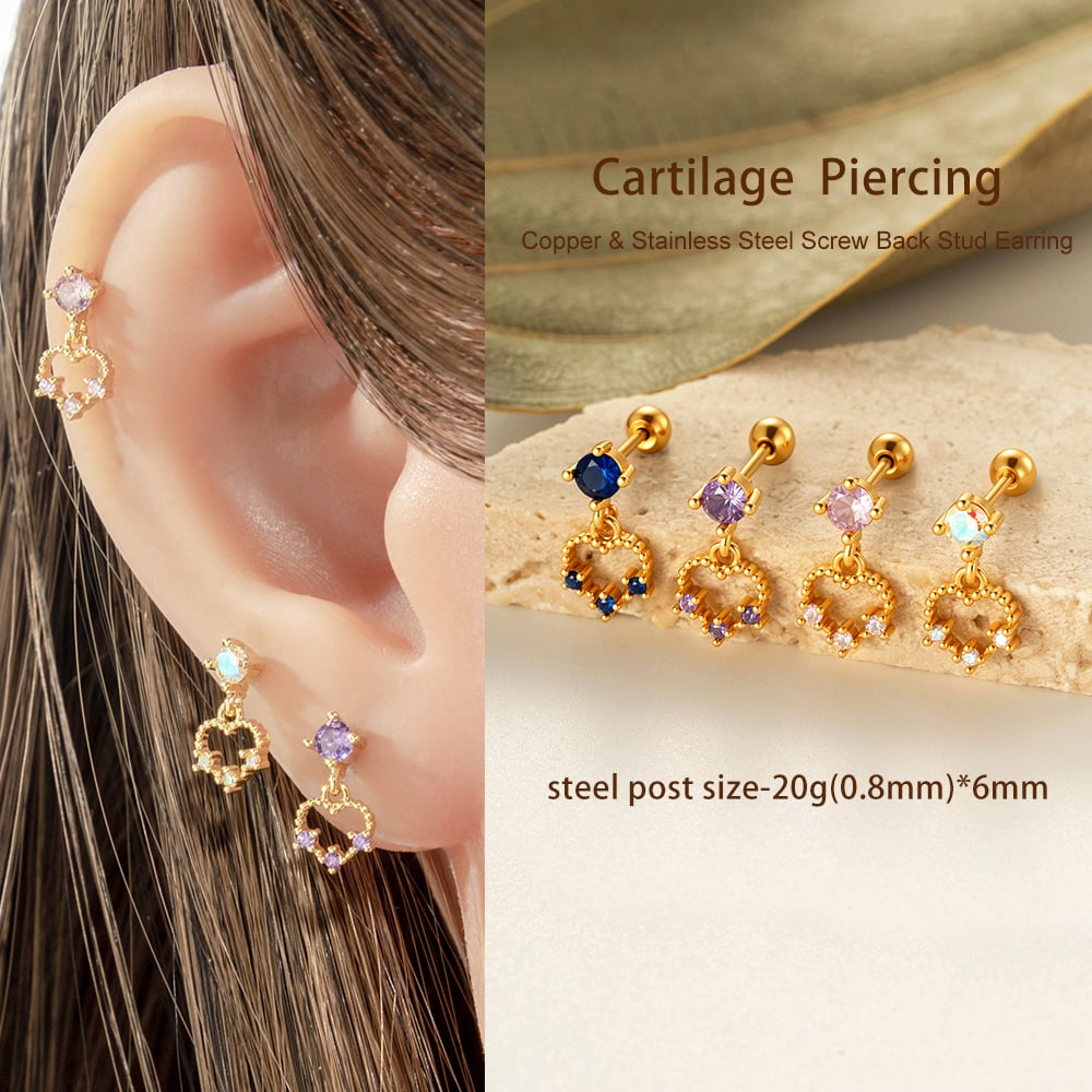 1 Piece Heart Copper Gold Color Zircon Piercing Earring Picture4