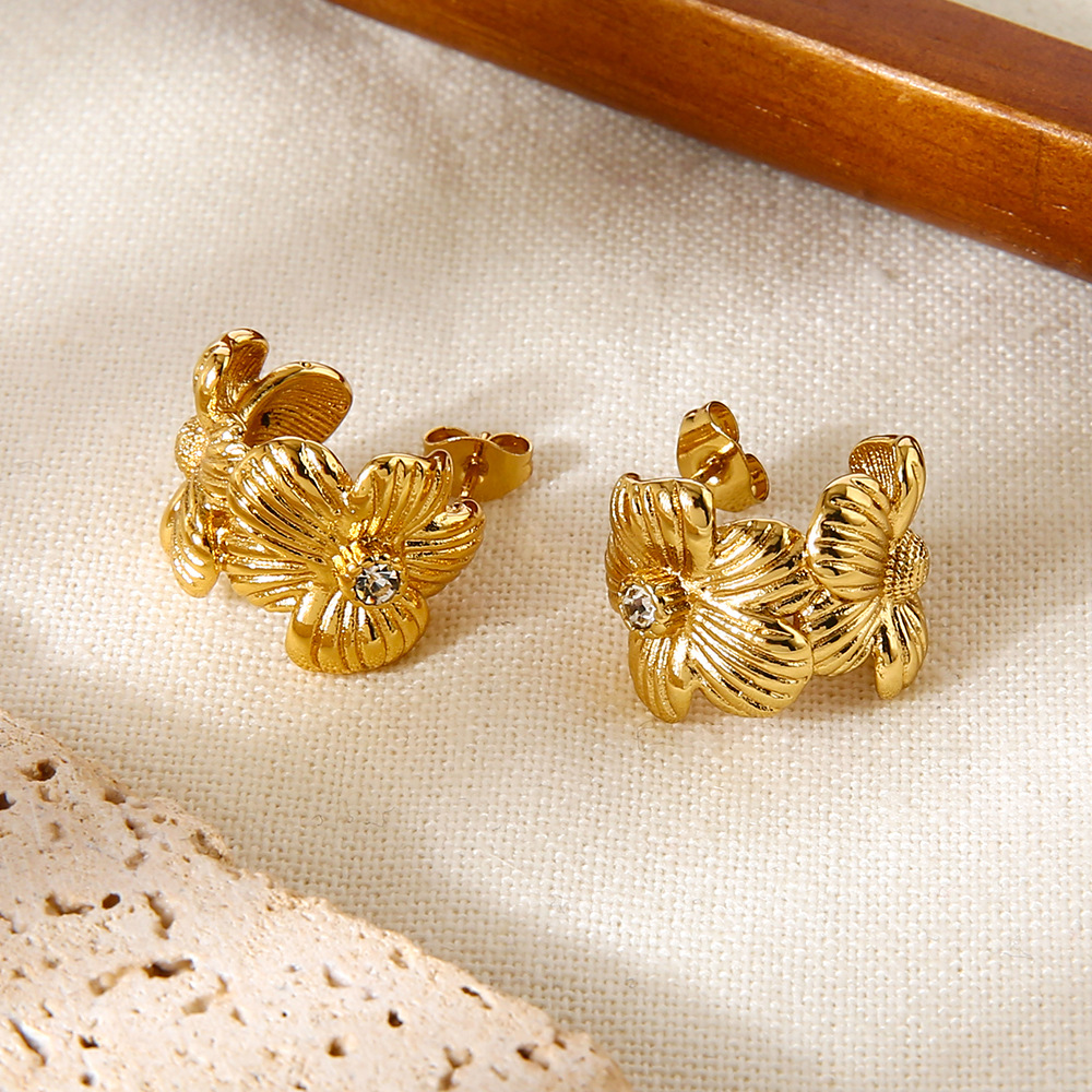 1 paire de boucles d'oreilles créoles élégantes en acier inoxydable pour femme, motif patchwork de fleurs h5Image4