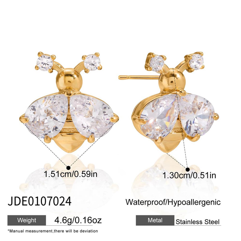 1 paio di lussuosi orecchini a bottone da donna in acciaio inossidabile color oro con zirconi a forma di ape Immagine2