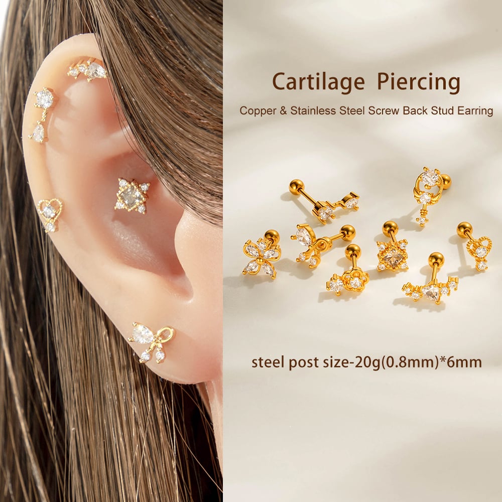 1 Piece Flower Heart Copper Gold Color Zircon Piercing Earring Picture4