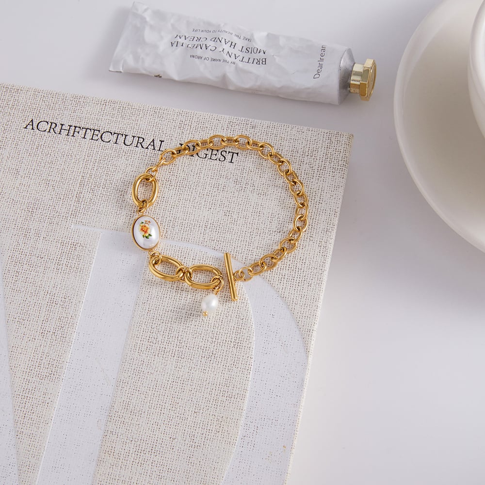 1 Piece Retro Flower Stainless Steel Gold Color Women's Chain Bracelets h5Picture5