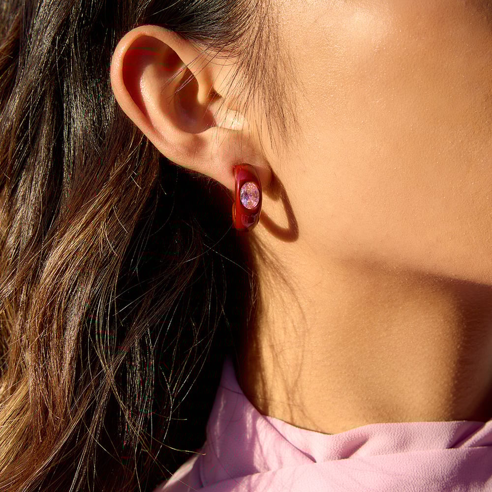 1 Pair Vintage Red Stainless Steel Gold Color Zircon Women's Hoop Earrings h5Picture3