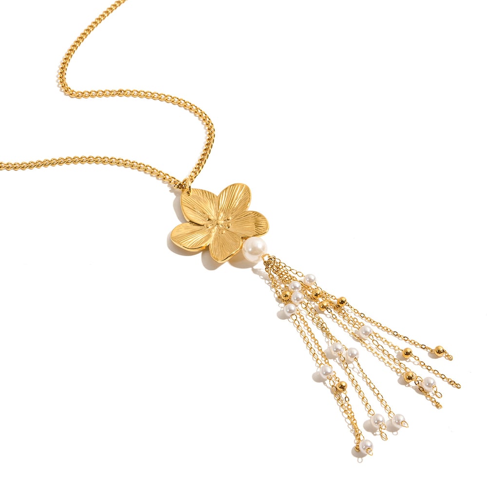 1 Piece Romantic Series Flower Tassel Stainless Steel Gold Color Women's Long Necklaces