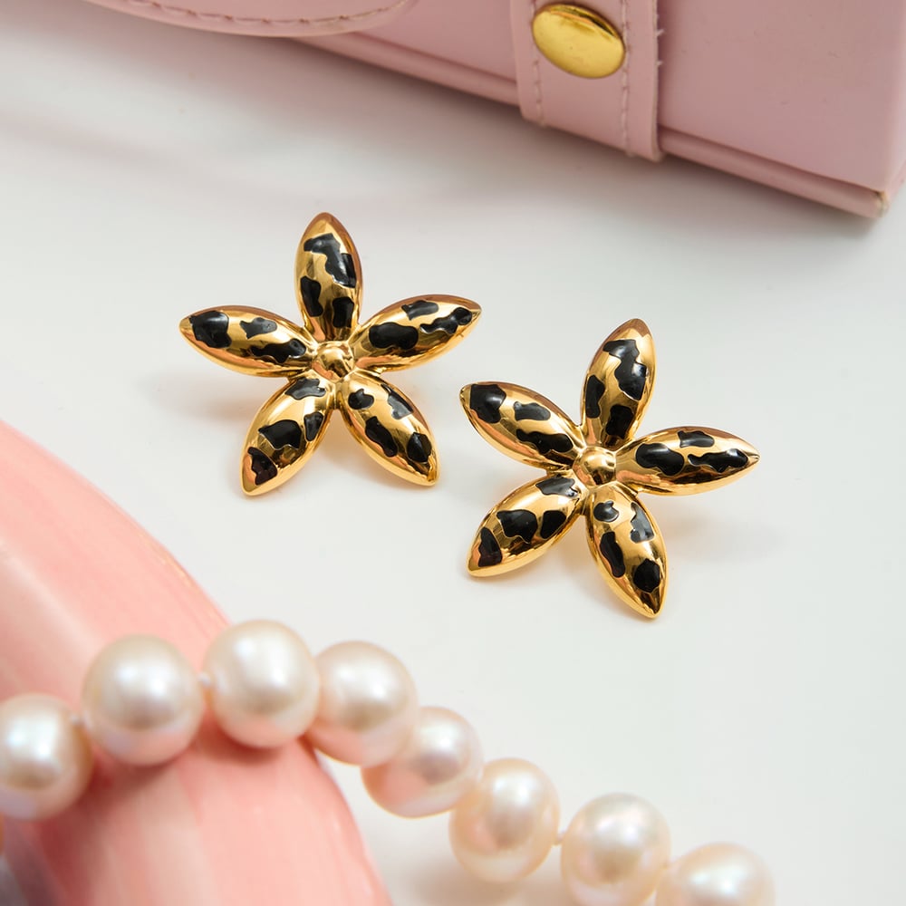 1 Pair Sexy Flower Leopard Print Stainless Steel Gold Color Women's Stud Earrings Picture6