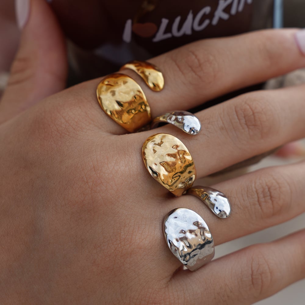 1 stuk eenvoudige onregelmatige vorm roestvrij staal goudkleurige dames statement ringen h5Afbeelding4