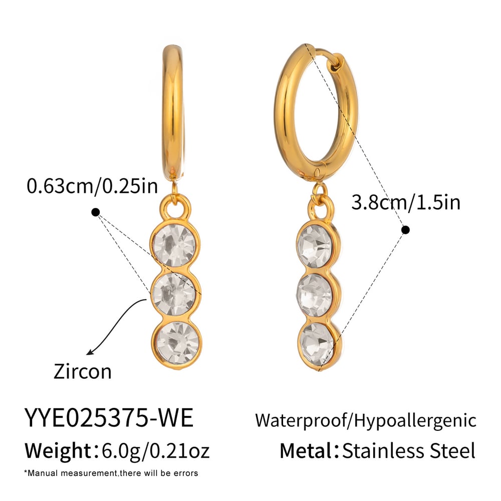 1 Pair Stainless Steel Gold Color Zircon Drop Earrings
