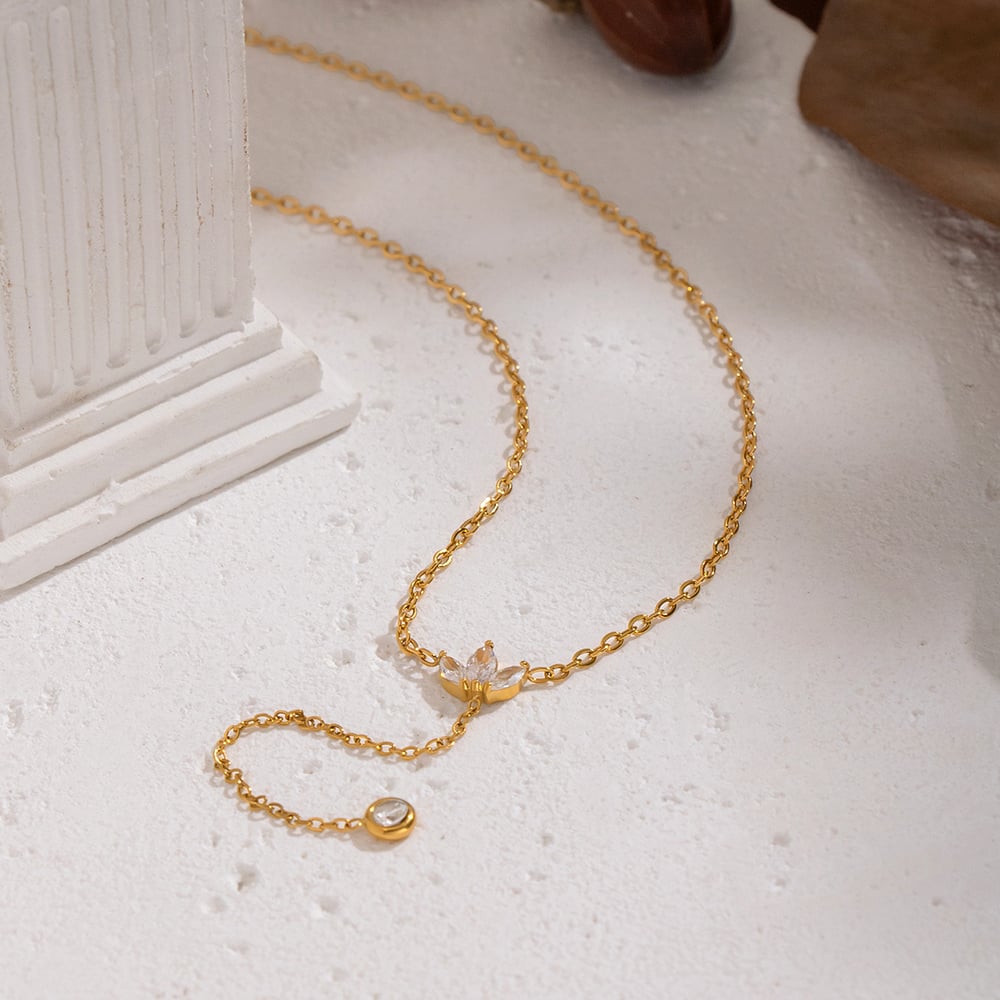 1 Piece Y-shape Flower Stainless Steel Gold Color Zircon Pendant Necklace Picture4