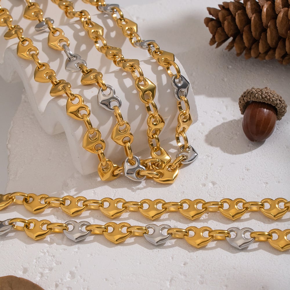 Heart Mixed Gold & Silver Color Stainless Steel Necklace Set Picture2