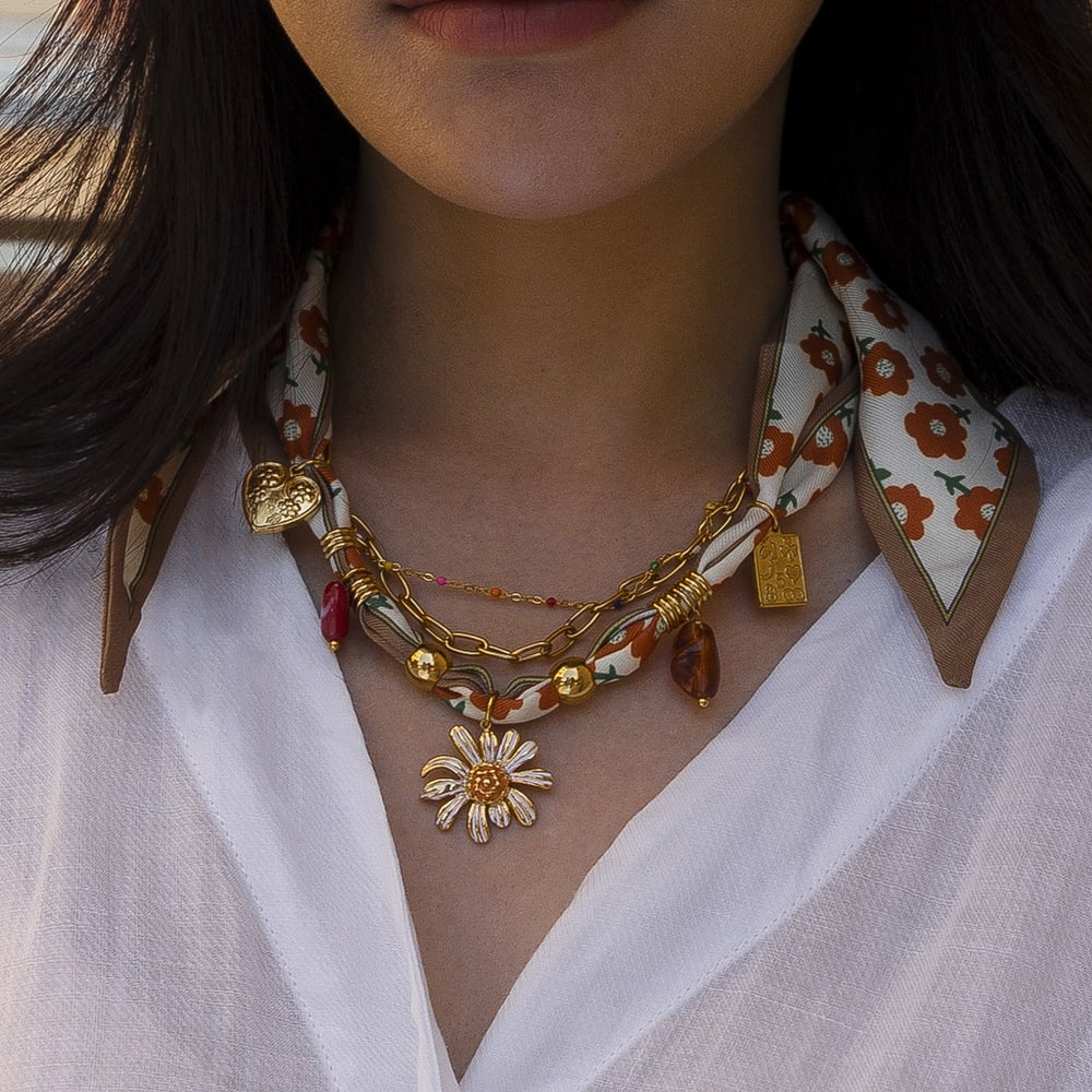 1 Parça Çiçek Paslanmaz Çelik Altın Rengi Kumaş Kolye h5Resim2