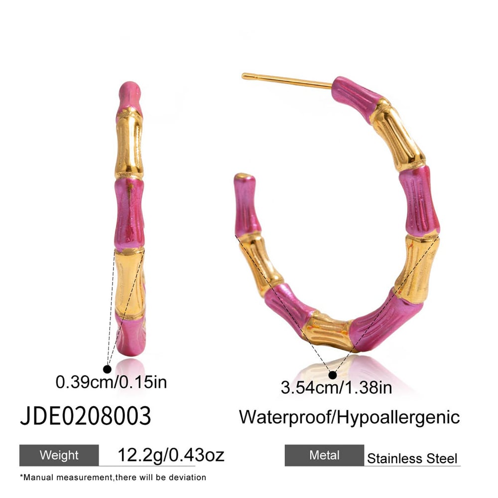 1 Pair Bamboo Joint Pink Stainless Steel Gold Color Women's Hoop Earrings h5Picture2