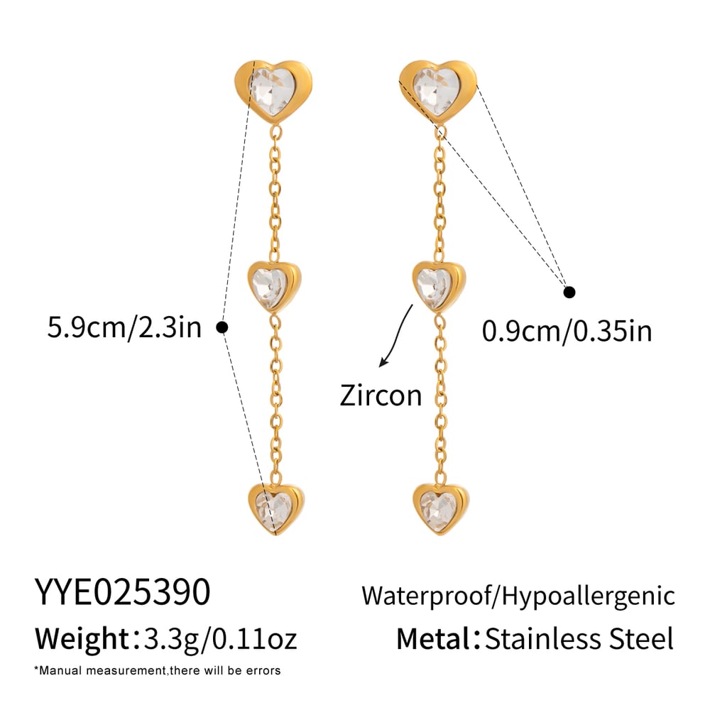 Romantic Heart Tassel Stainless Steel Gold Color Zircon Necklace Set