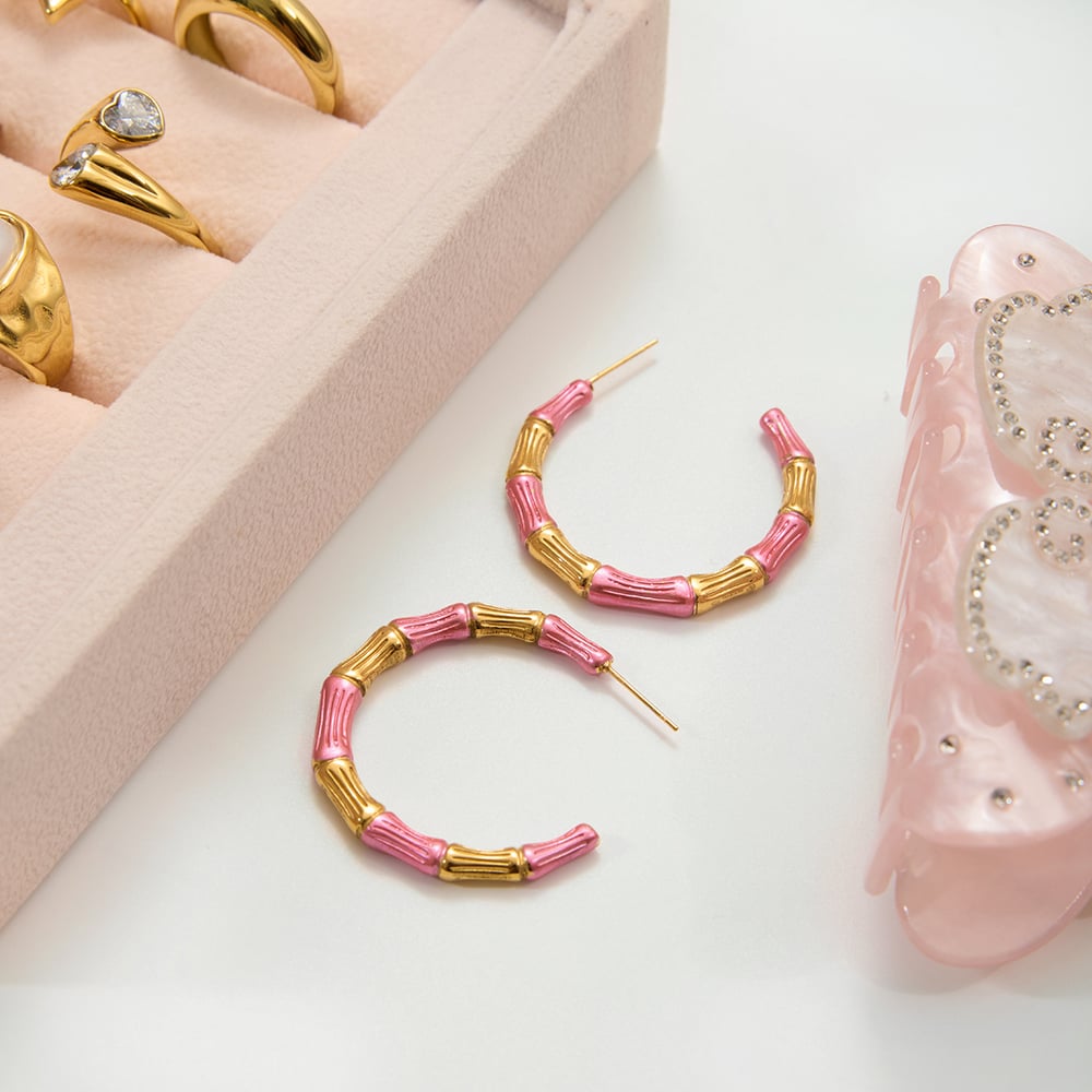 1 Pair Bamboo Joint Pink Stainless Steel Gold Color Women's Hoop Earrings h5Picture4