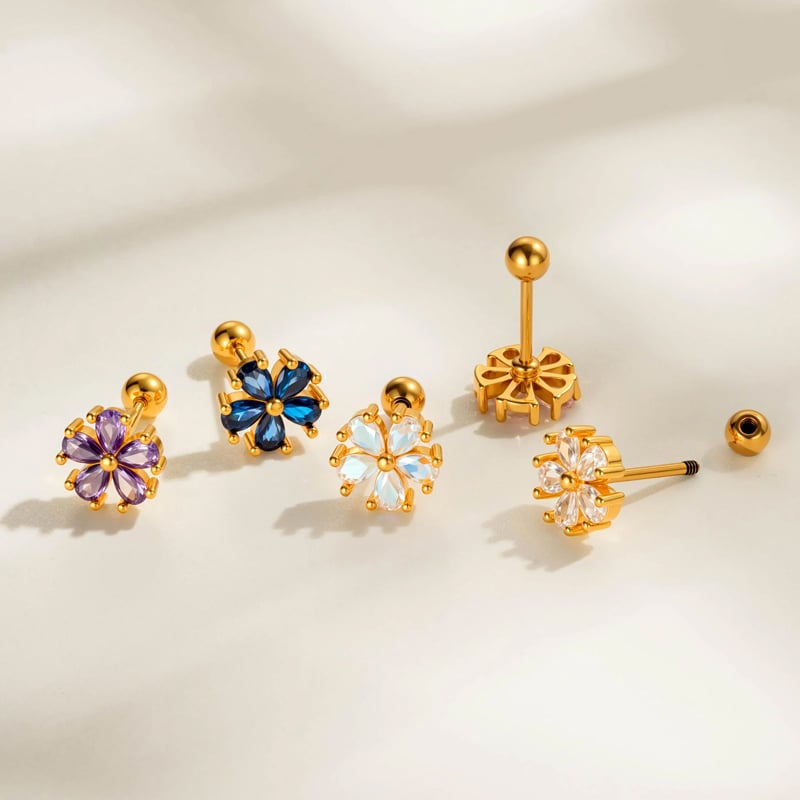 1 Piece Flower Copper Gold Color Zircon Piercing Earring Picture3