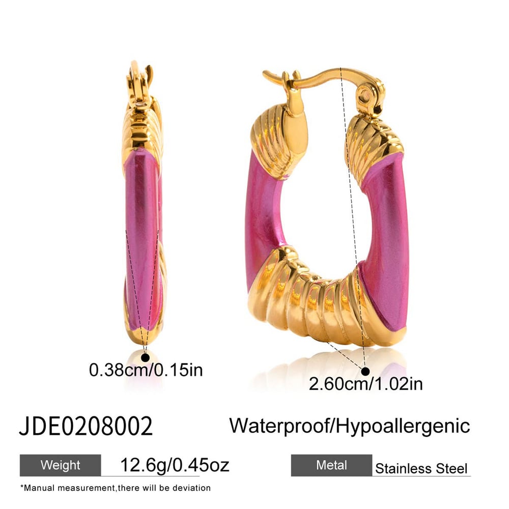 1 Pair Radiant Pink Rectangle Stainless Steel Gold Color Women's Hoop Earrings h5Picture2