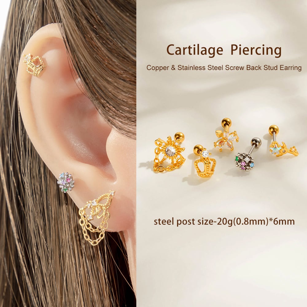 1 Piece Flower Copper Gold Color Zircon Piercing Earring Picture4