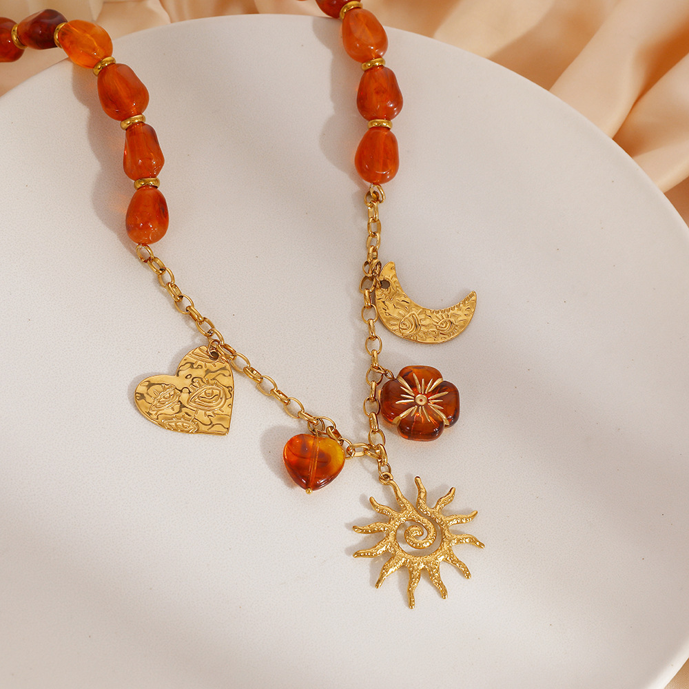 1 Stück ethnische DIY Blume Herz Sonne Edelstahl Damen Perlen Halsketten Bild2