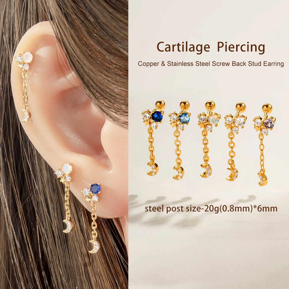 1 Piece Tassel Moon Copper Gold Color Zircon Piercing Earring Picture4
