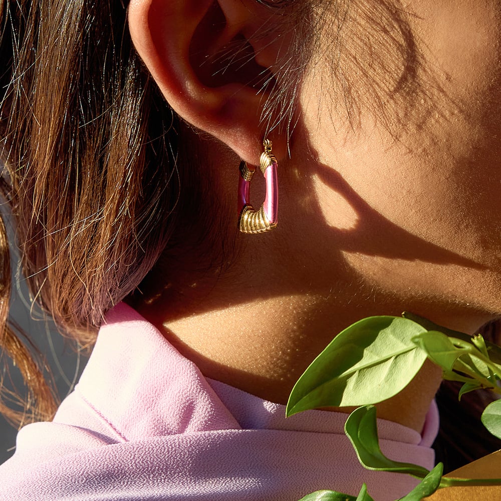 1 Pair Radiant Pink Rectangle Stainless Steel Gold Color Women's Hoop Earrings h5Picture3