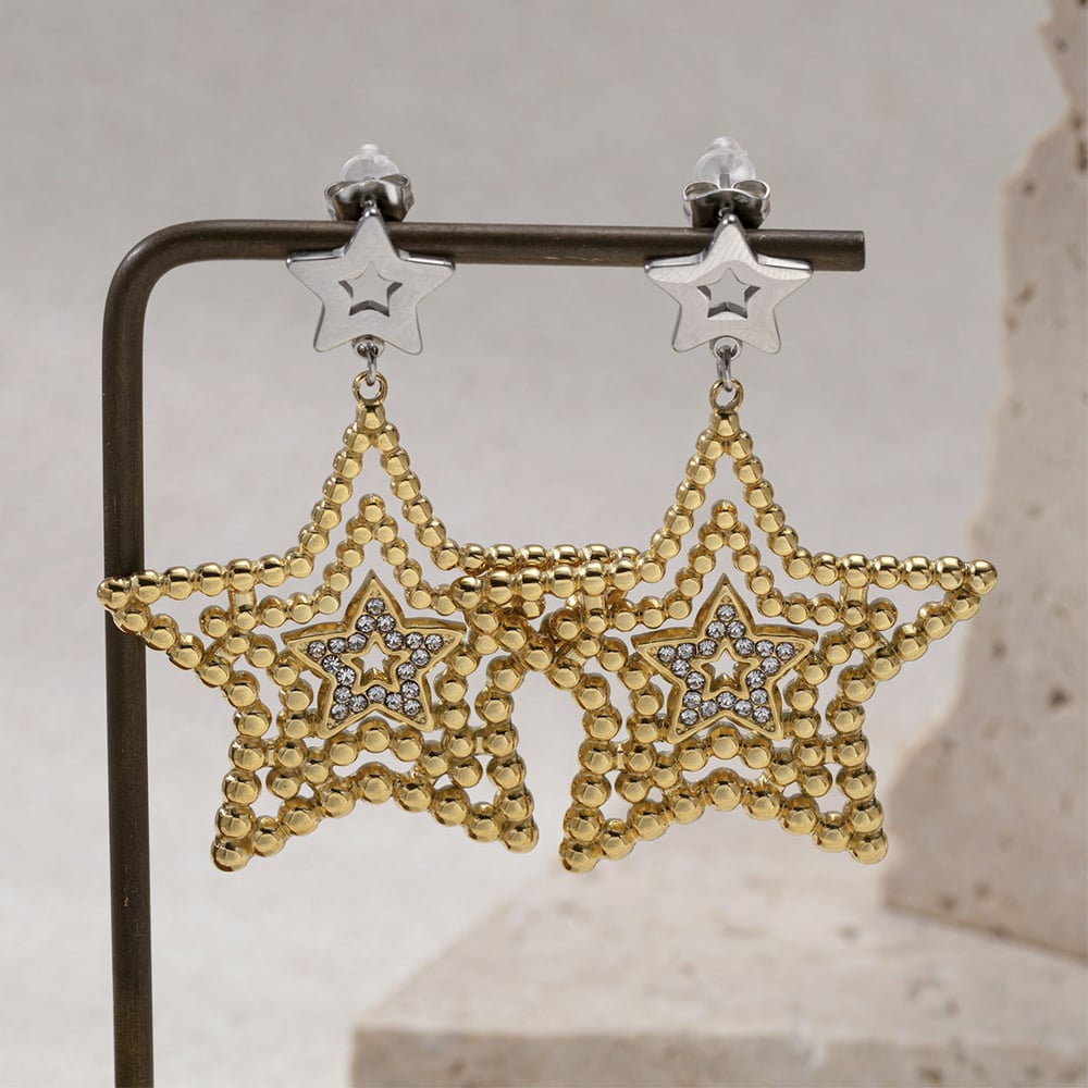 1 paio di orecchini pendenti a forma di cuore e stella in acciaio inossidabile color oro h5Immagine4