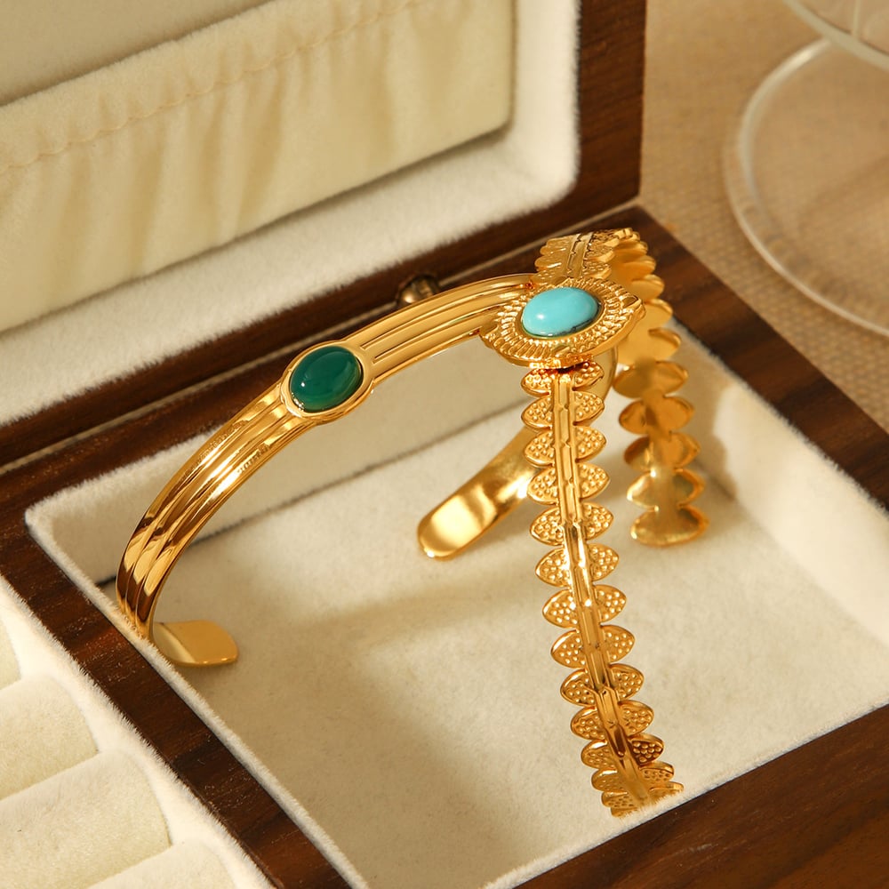 1 Piece Retro Stainless Steel Gold Color Natural Stone Cuff Bracelet Picture5