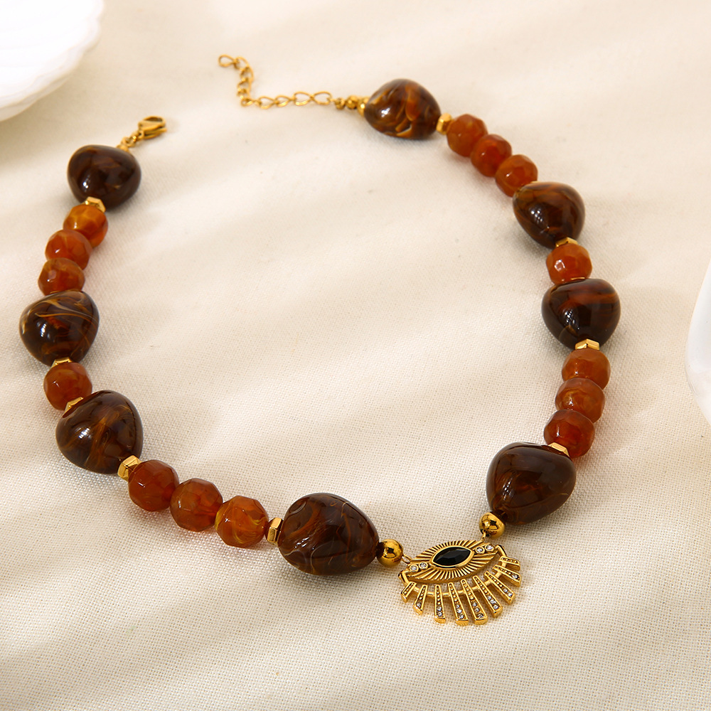 1 Piece Retro Devil's Eye Beads Stainless Steel Gold Color Women's Beaded Necklaces h5Picture3