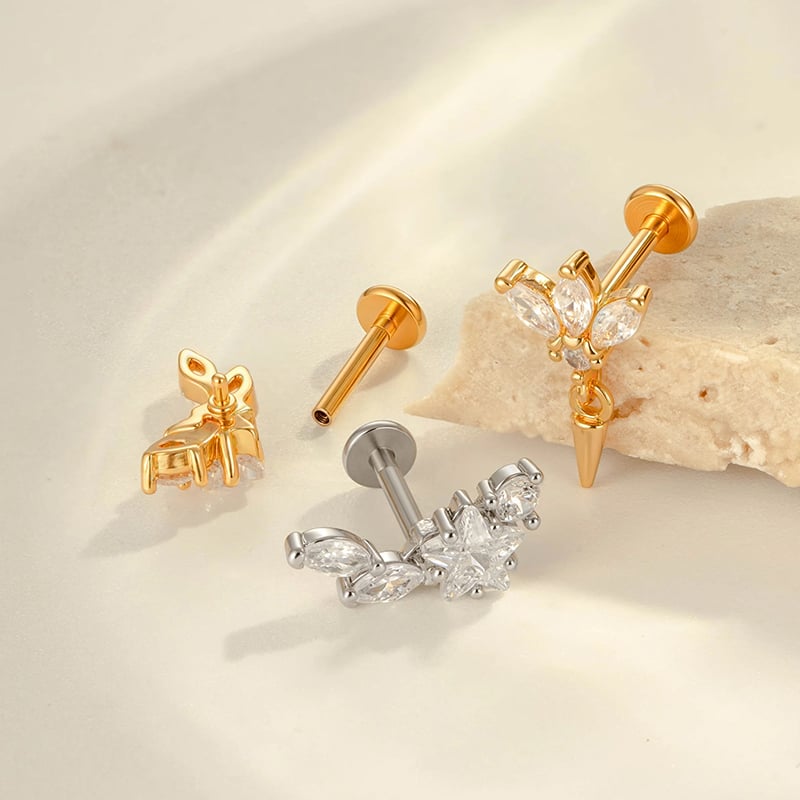 1 Stück geometrische Figur Kupfer Titanlegierung Gold Farbe Zirkon Damen Piercing Ohrringe Bild3