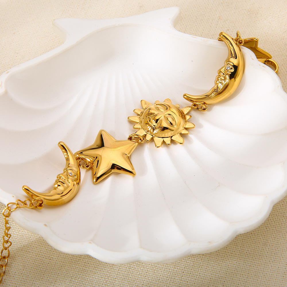 1 Piece Classic  Sun Moon Stainless Steel   Gold Color  Women's Chain Bracelets h5Picture3