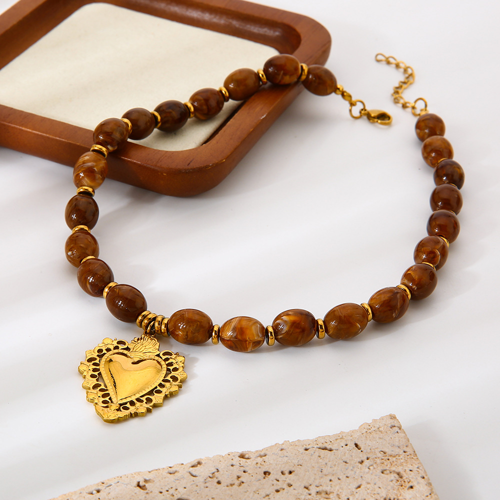 1 Piece Retro Heart Beads Acrylic Gold Color Women's Pendant Necklaces h5Picture4