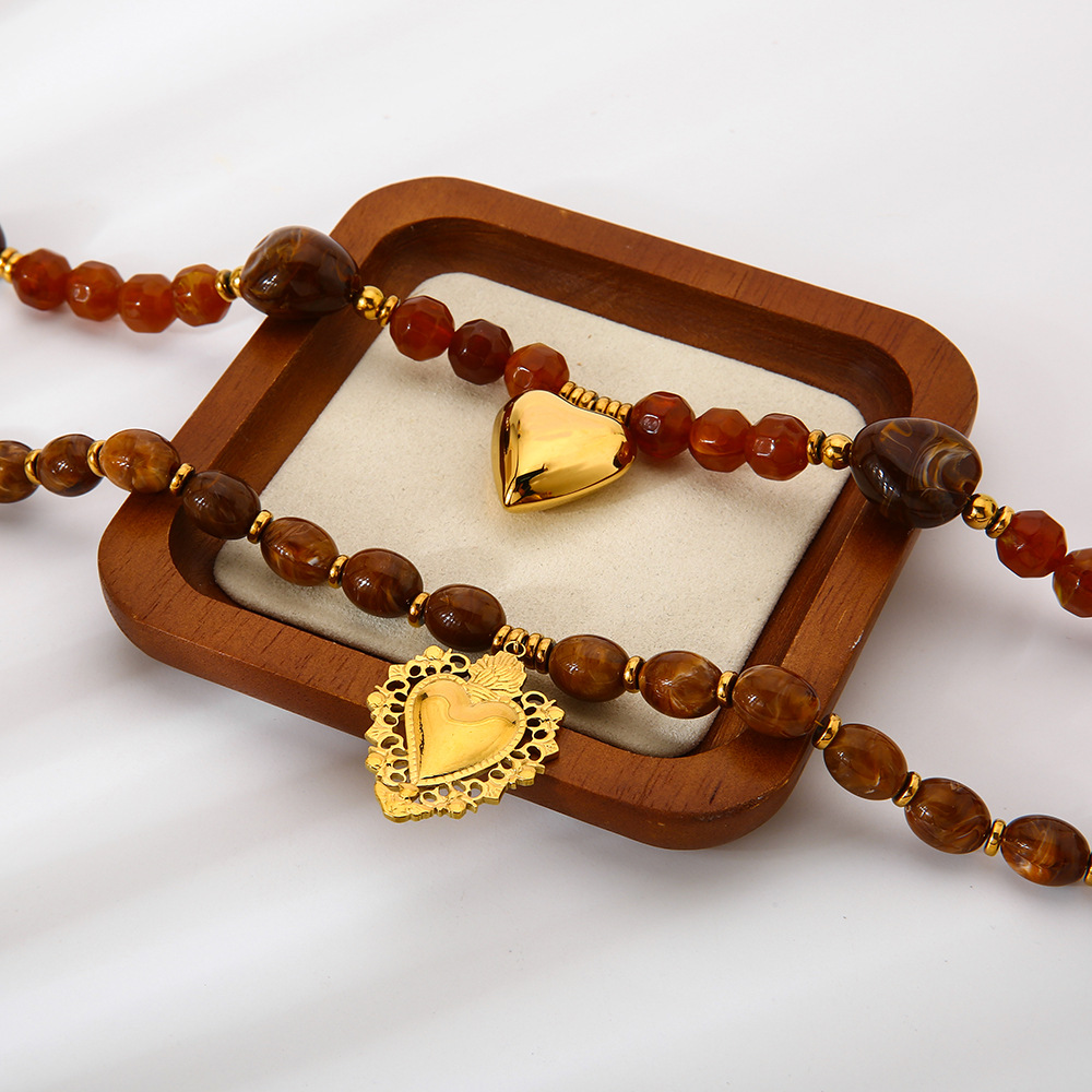 1 Piece Retro Heart Beads Acrylic Gold Color Women's Pendant Necklaces h5Picture2