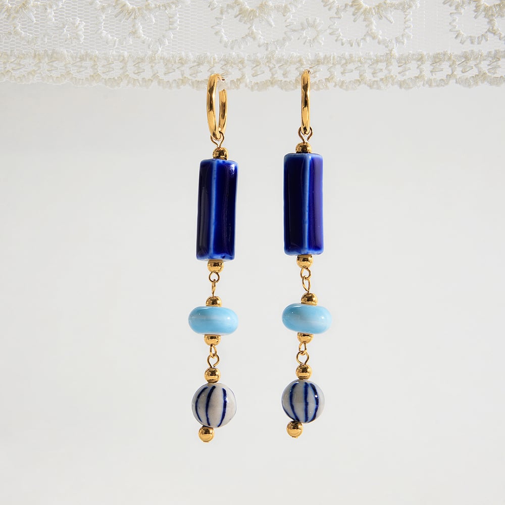 1 Pair Handcrafted Blue Ceramic Stainless Steel Gold Color Women's Drop Earrings Picture6