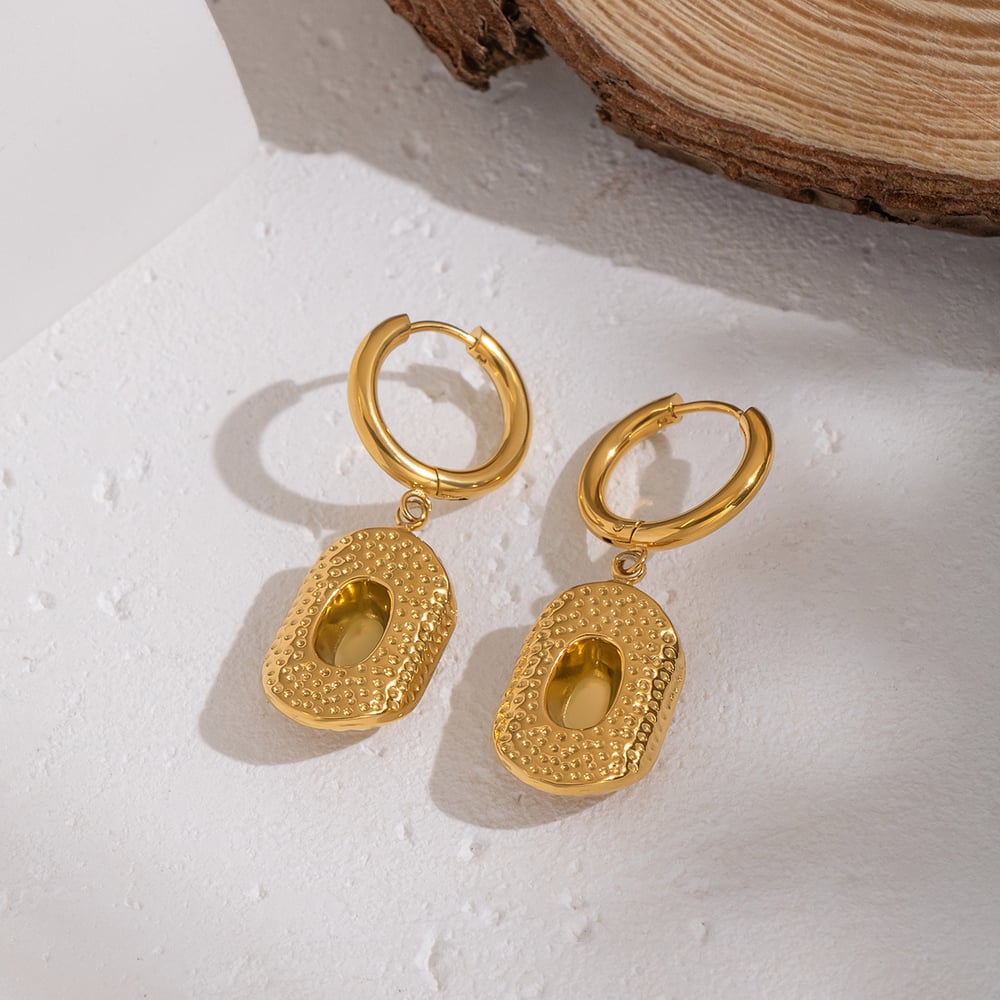 1 Pair Ethnic Hammer Pattern Stainless Steel Gold Color Drop Earrings Picture2