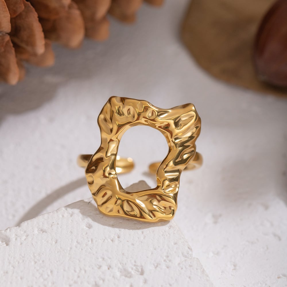 1 Piece Irregular Shape Hollowed-out Stainless Steel Gold Color Statement Ring h5Picture4