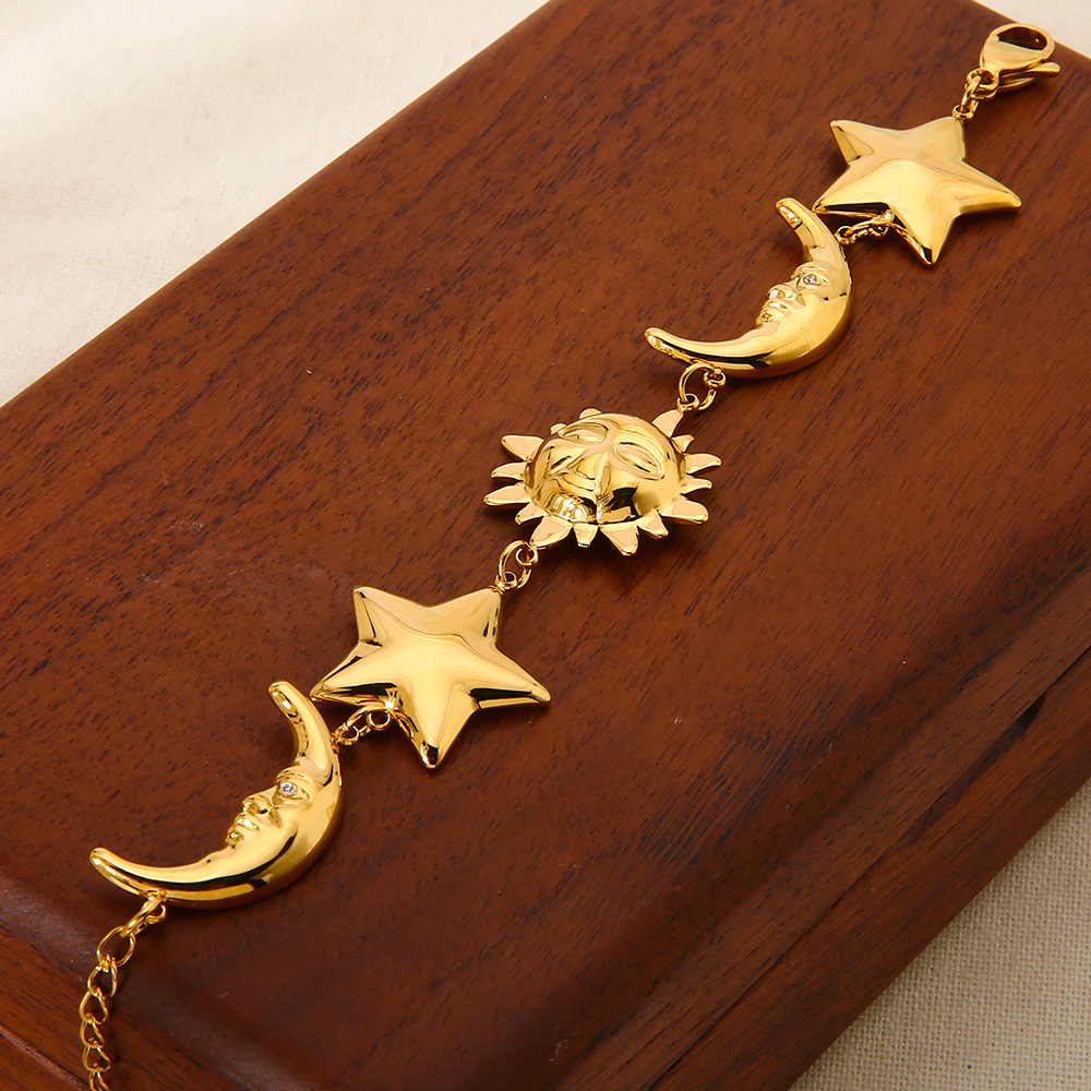 1 Piece Classic  Sun Moon Stainless Steel   Gold Color  Women's Chain Bracelets h5Picture4