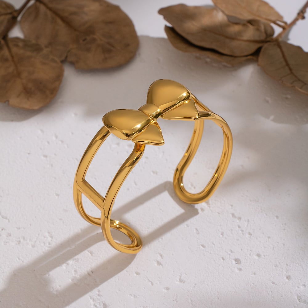 1 Piece Sweet Bow Knot Stainless Steel  Gold Color Cuff Bracelet Picture4