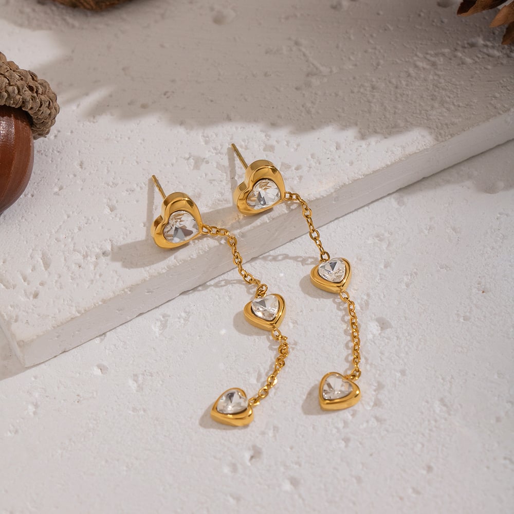 Romantic Heart Tassel Stainless Steel Gold Color Zircon Necklace Set Picture4