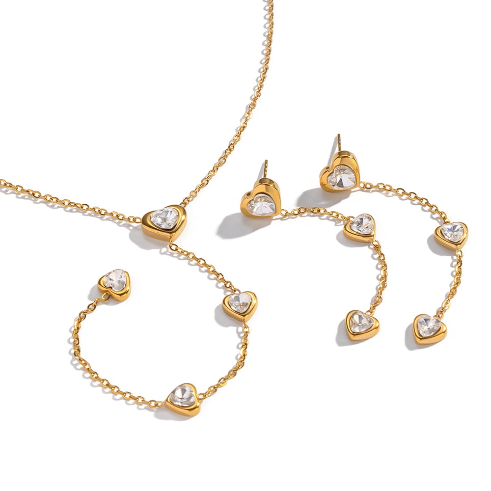 Romantic Heart Tassel Stainless Steel Gold Color Zircon Necklace Set Picture5