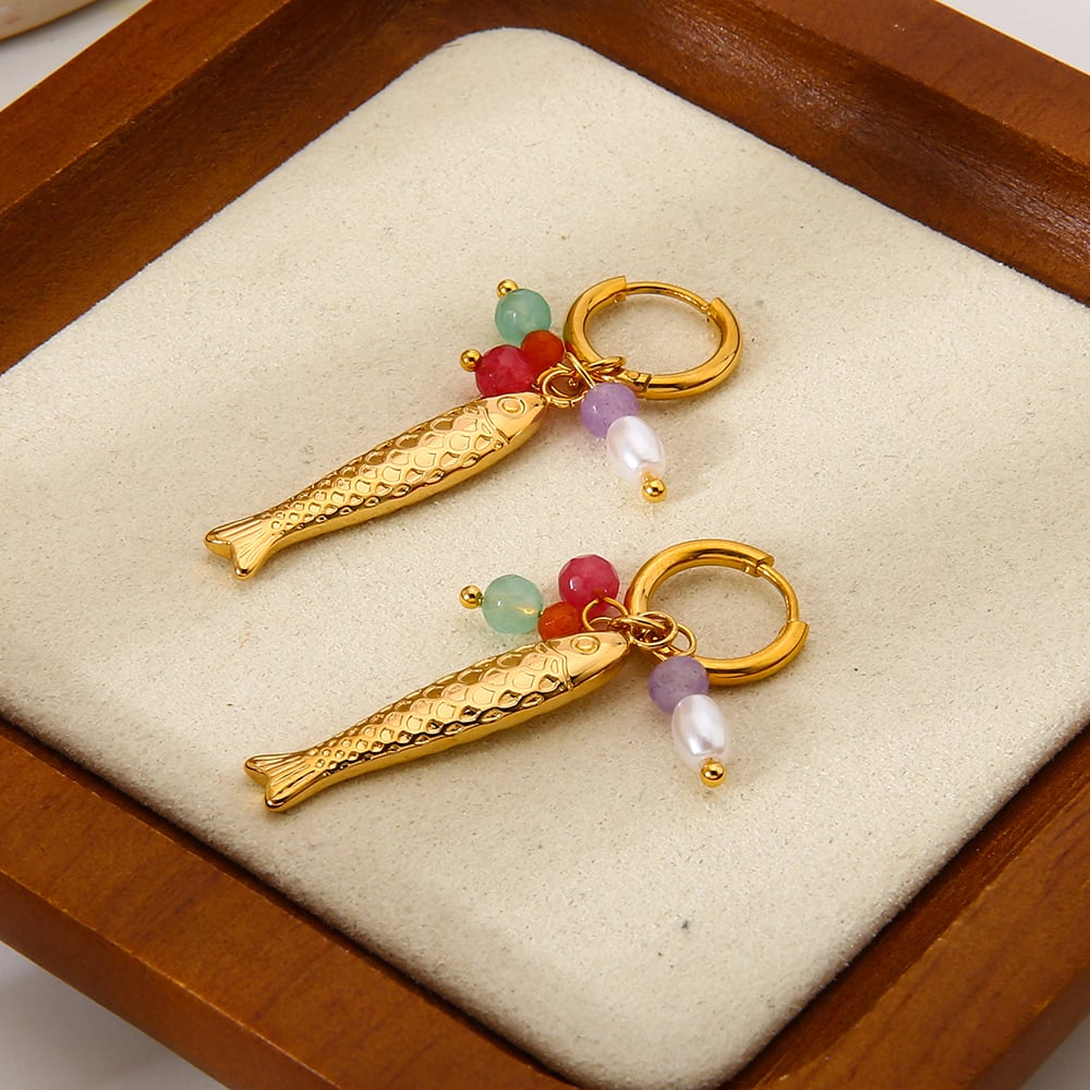 1 Paar Retro Fisch Edelstahl Gold Farbe Künstliche Perle Damen Tropfen Ohrringe h5Bild6