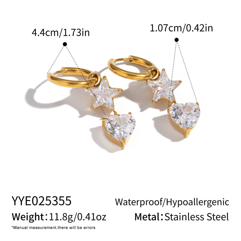 1 paire de boucles d'oreilles pendantes en acier inoxydable couleur or avec cœur et étoile en zircon
