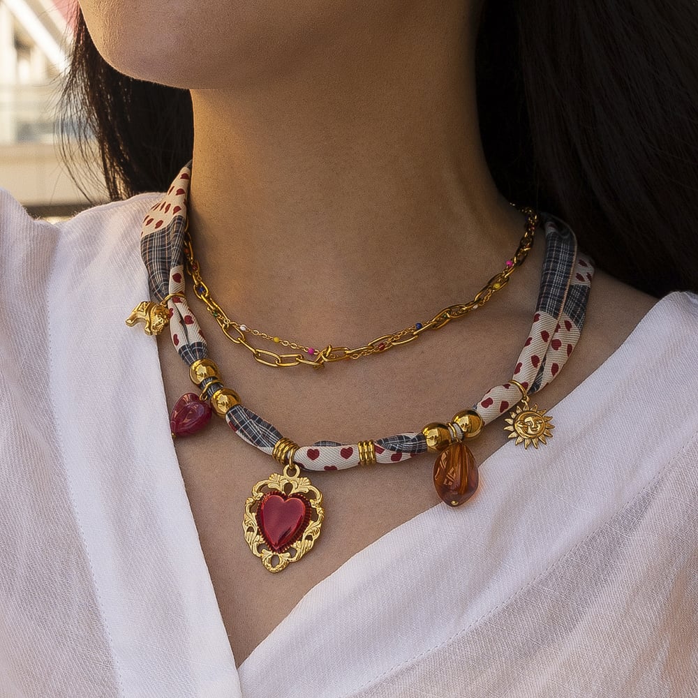 1 Piece Heart Stainless Steel Gold Color Fabric Pendant Necklace h5Picture3