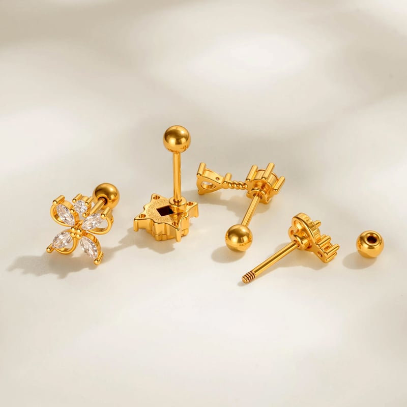 1 Piece Flower Heart Copper Gold Color Zircon Piercing Earring Picture3