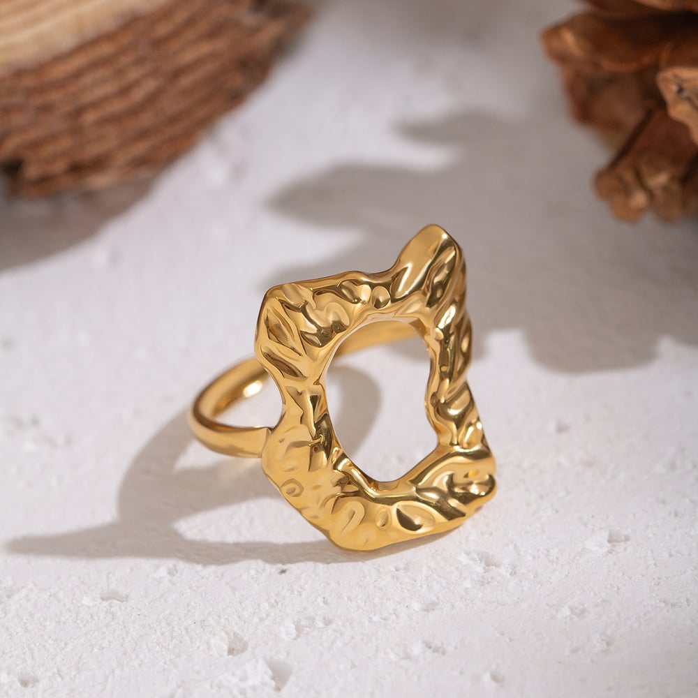 1 Piece Irregular Shape Hollowed-out Stainless Steel Gold Color Statement Ring h5Picture3