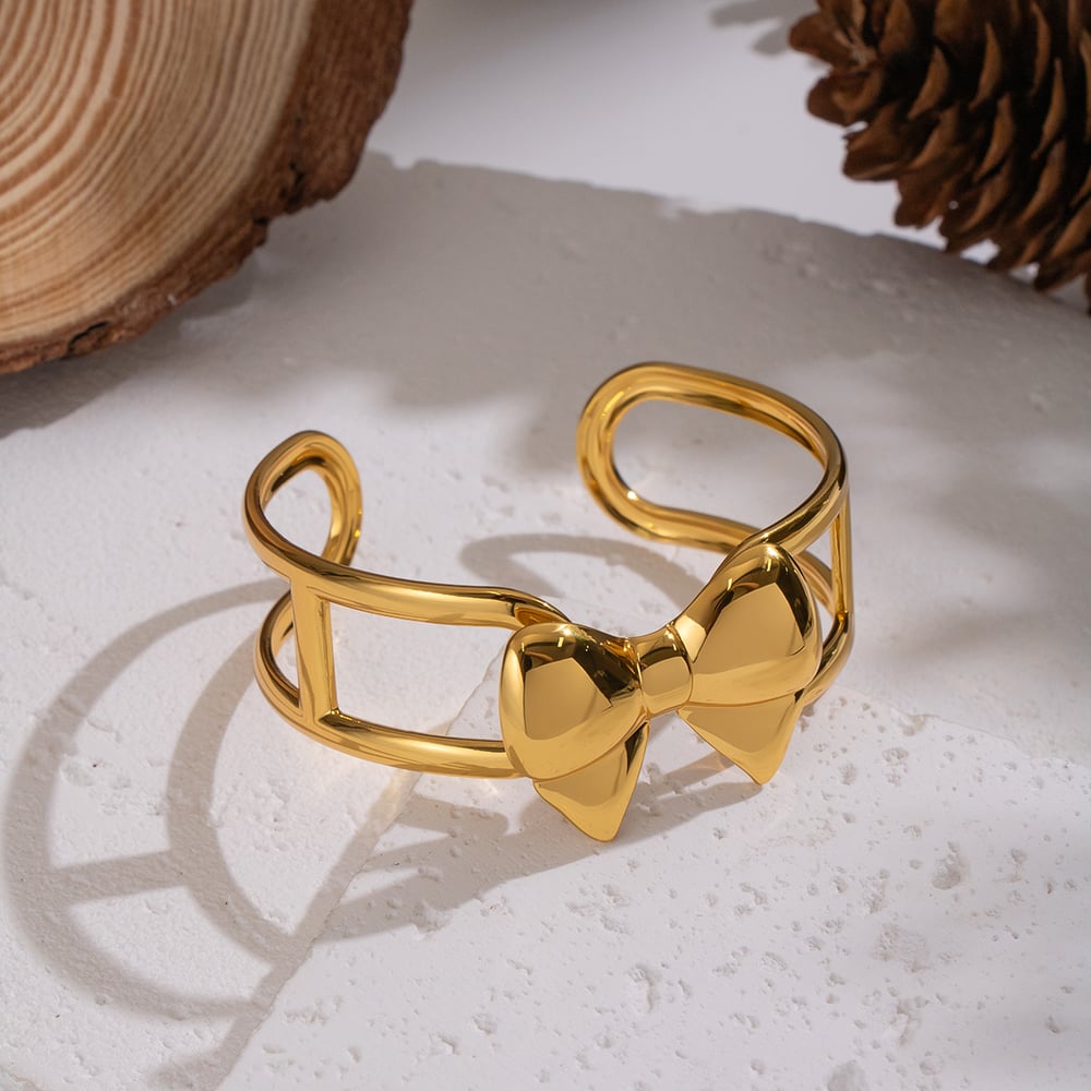1 Piece Sweet Bow Knot Stainless Steel  Gold Color Cuff Bracelet Picture3