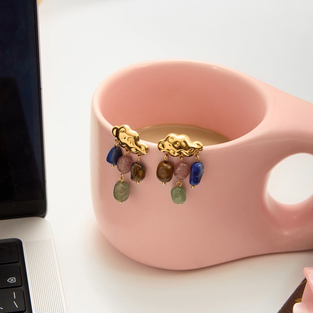 1 Pair Classic Natural Stone Cloud Droplet Stainless Steel Gold Color Women's Drop Earrings h5Picture6