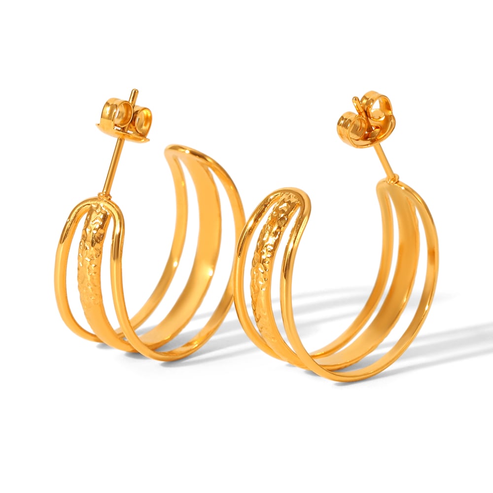 1 Pair C-shape Hollowed-out Stainless Steel Gold Color Hoop Earrings