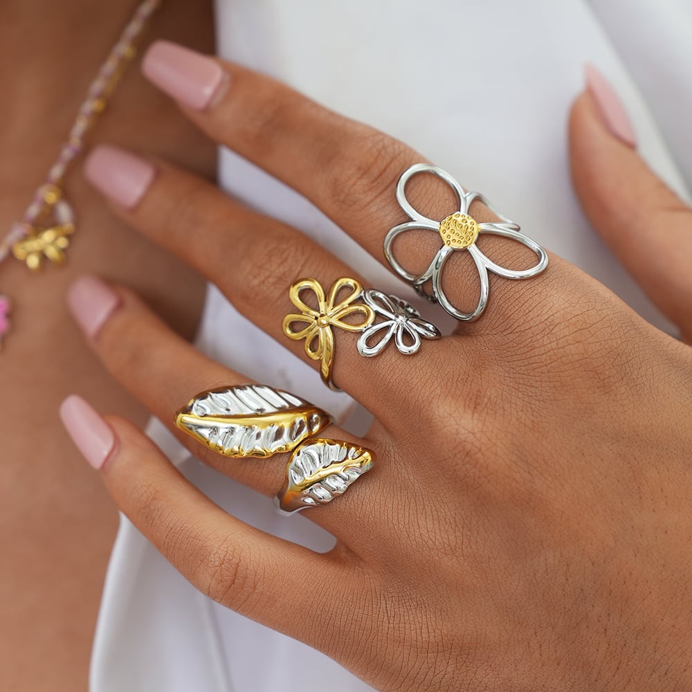 1 Piece Flower Plant Stainless Steel  Gold Color Women‘s Statement Rings Picture8